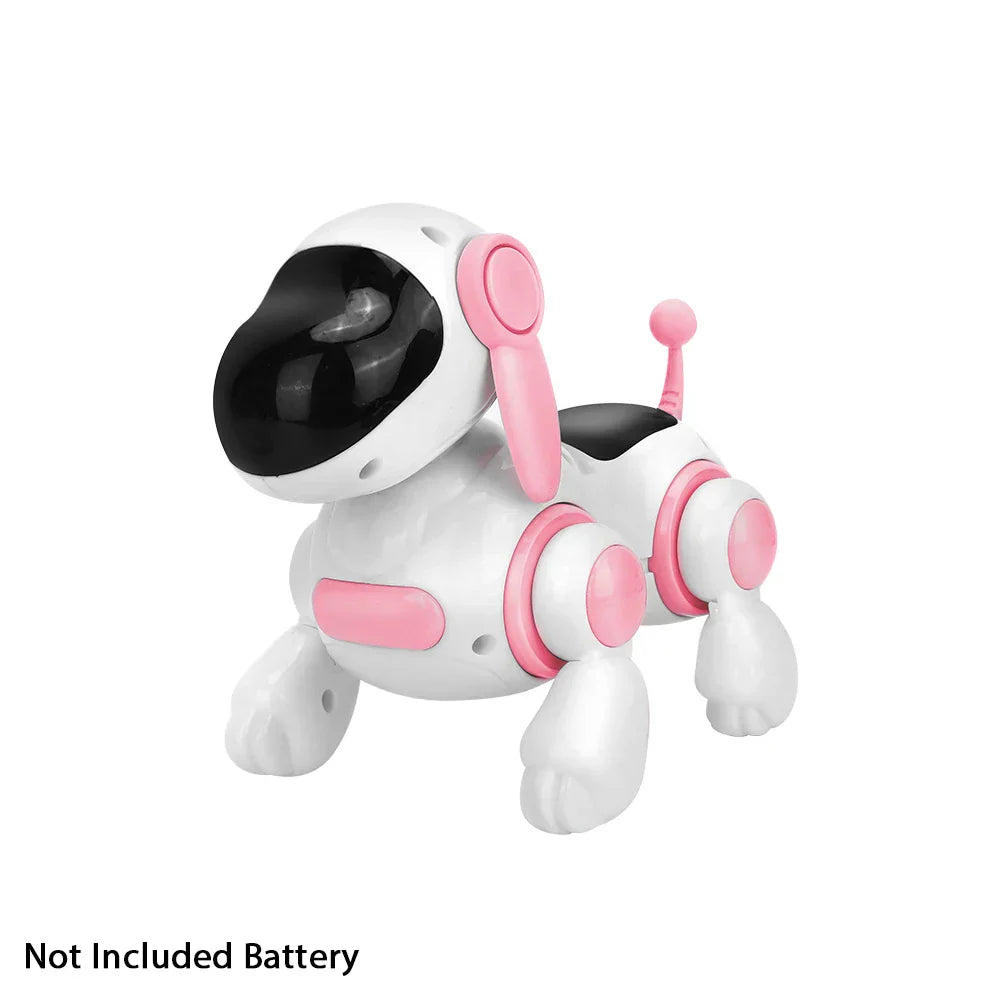 White and pink smart interactive robotic dog toy with black eyes designed for walking light sound educational crawling singing