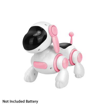 White and pink smart interactive robotic dog toy with black eyes designed for walking light sound educational crawling singing