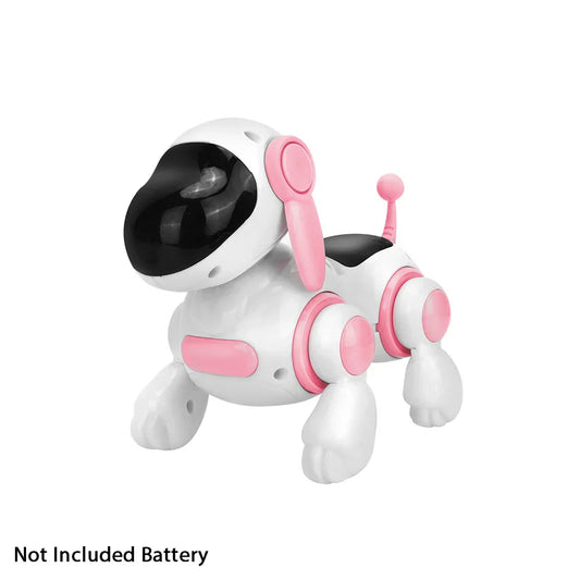 White and pink smart interactive robotic dog toy with black eyes designed for walking light sound educational crawling singing