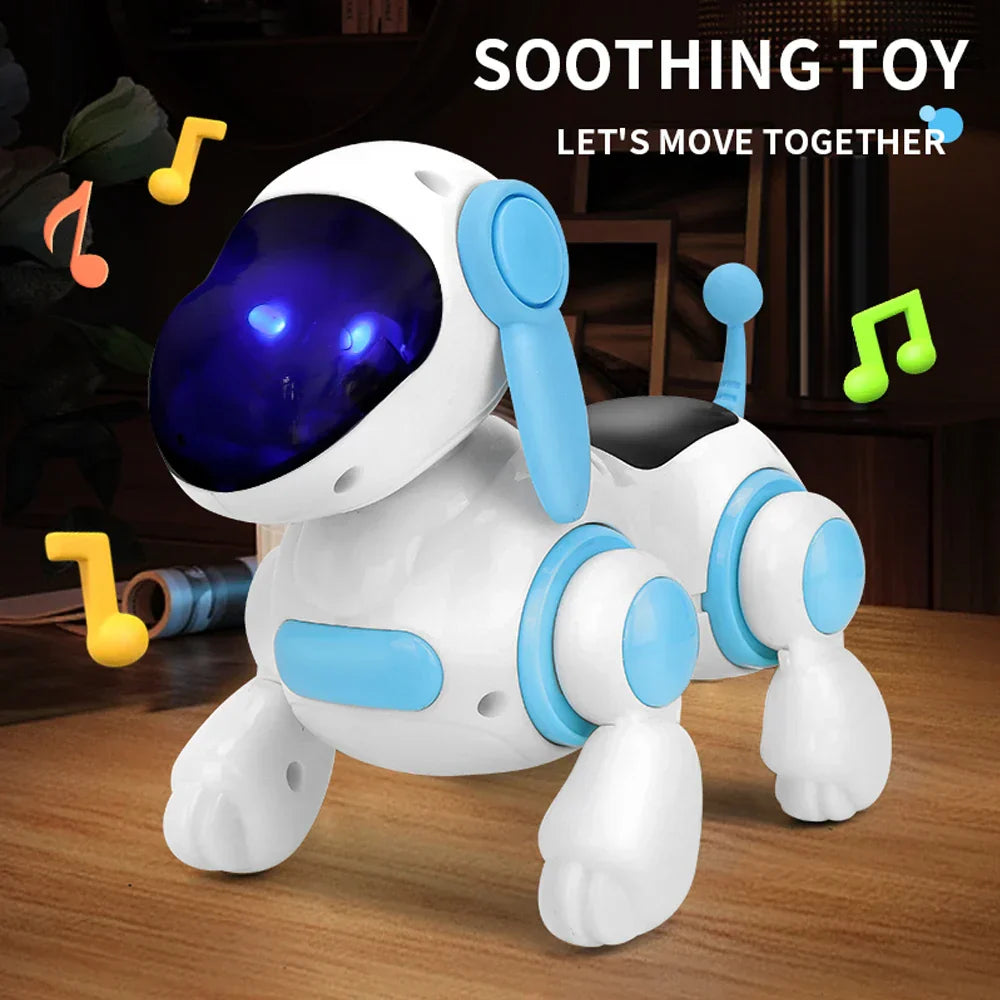 Smart interactive robotic dog toy in white and light blue with glowing purple visor featuring walking light sound music functions