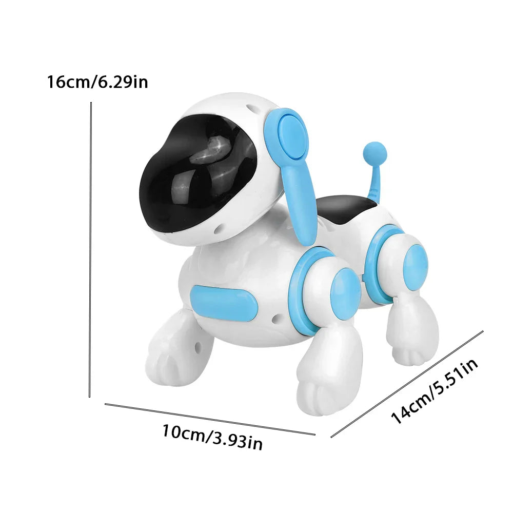 White and light blue smart interactive robotic dog toy with black glossy eyes featuring walking light sound music and educational crawling singing functions