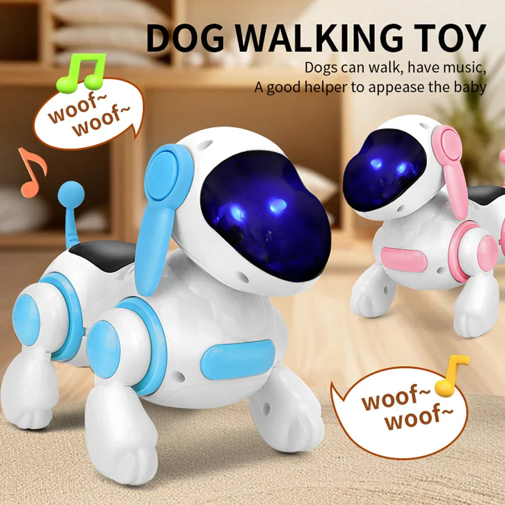 White and blue smart interactive robotic dog toy with glowing purple eyes simulating walking light sound and educational singing