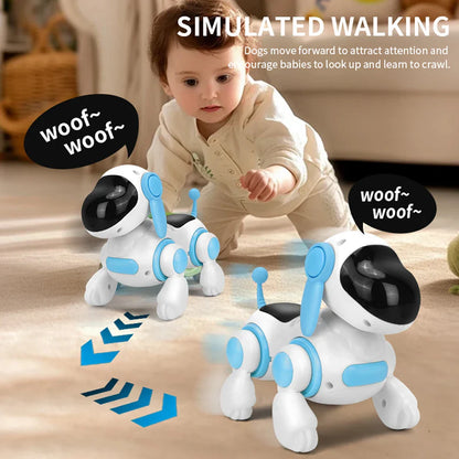 White and light blue smart interactive robotic dogs with black eye sensors featuring walking light sound and educational crawling singing