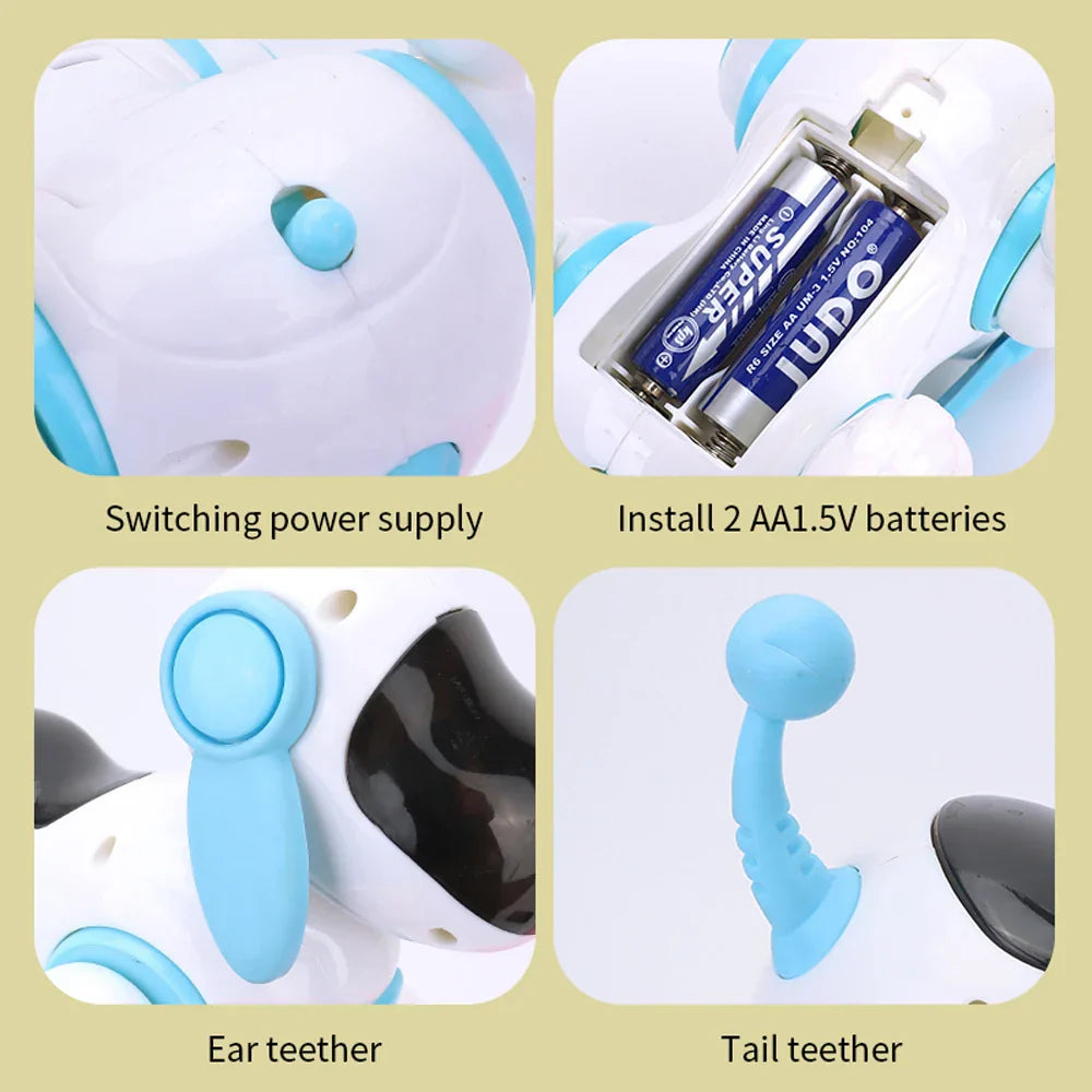 White and light blue smart interactive robotic dog toy with walking light sound educational crawling singing features and batteries installed