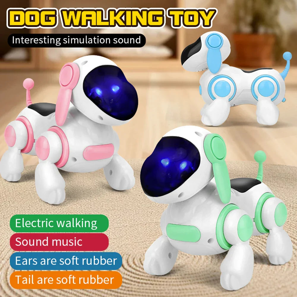 Smart interactive robotic dog toys white with glowing blue eyes pink and green accents soft rubber ears tails walking light sound educational crawling singing