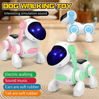 Smart interactive robotic dog toys white with glowing blue eyes pink and green accents soft rubber ears tails walking light sound educational crawling singing