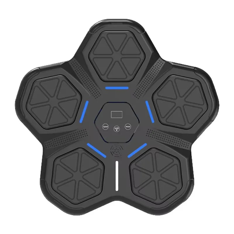 Black five-pointed star wireless charging pad with blue led lights and control panel for smart music boxing machine width 750px height