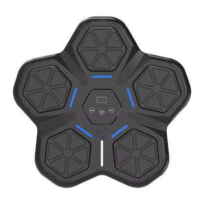Black five-pointed star wireless charging pad with blue led lights and control panel for smart music boxing machine width 750px height