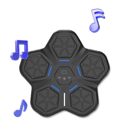 Black hexagonal electronic drum pad with blue accents for smart music boxing machine wall mounted use width 750px height