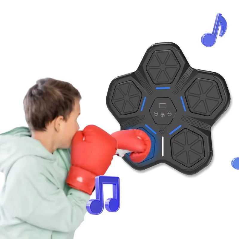Black hexagonal smart music boxing machine with blue accent lighting and control buttons, wall mounted width 750px height