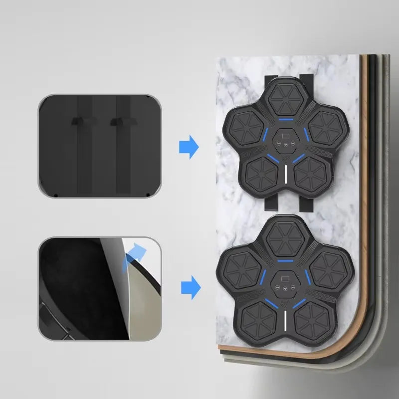 Black hexagonal smart music boxing machine floor mat with blue accent lines and textured surface for home gym use width 750px height