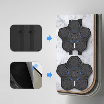 Black hexagonal smart music boxing machine floor mat with blue accent lines and textured surface for home gym use width 750px height