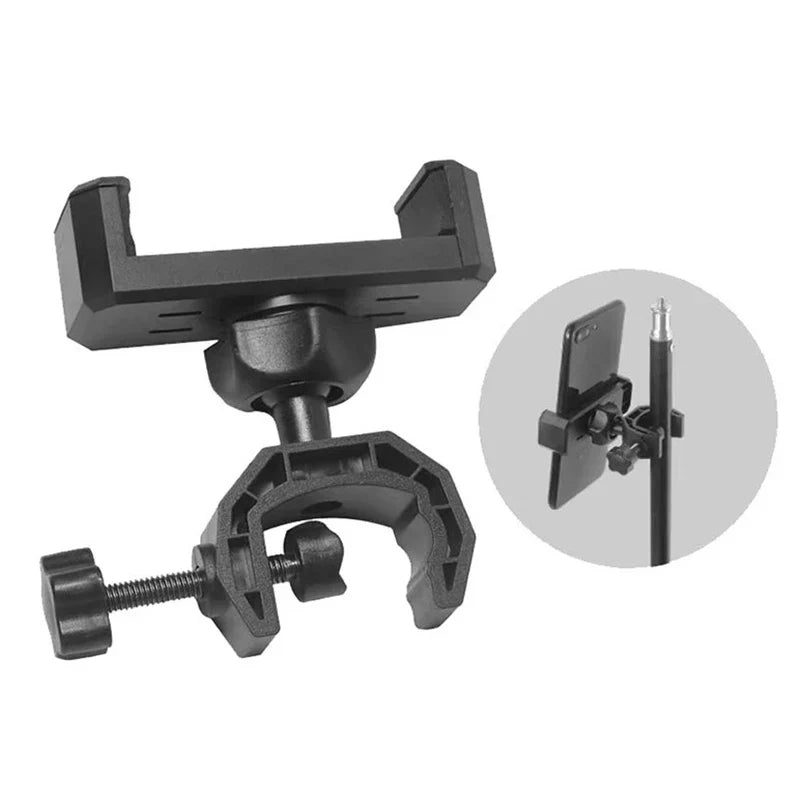 Black plastic phone mount with adjustable clamp and ball joint for 360 degree rotating universal microphone supporting stand