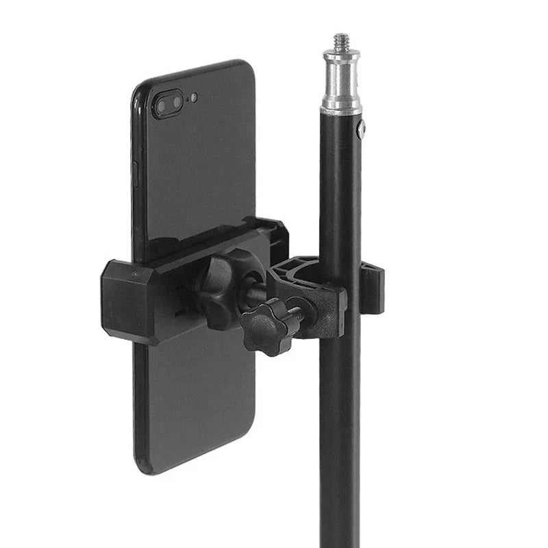 Black plastic smart phones music live show holder with adjustable clamps on vertical pole 360 degree rotating universal microphone supporting stand