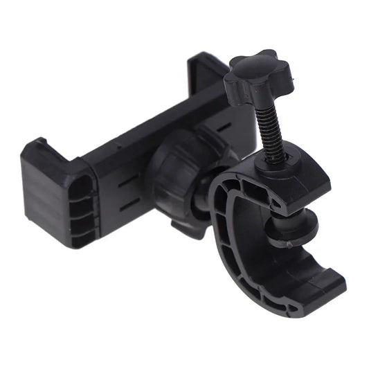 Black plastic bike mount with adjustable clamp and star-shaped knob for 360 degree rotating universal microphone supporting stand