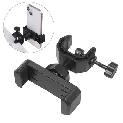 Black plastic phone mount with adjustable clamp and screw mechanism for 360 degree rotating universal microphone supporting stand