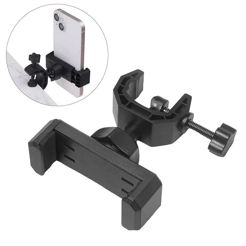 Black plastic phone mount with adjustable clamp and screw mechanism for 360 degree rotating universal microphone supporting stand