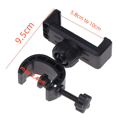 Black plastic phone mount with adjustable clamp and screw mechanism for 360 degree rotating universal microphone supporting stand