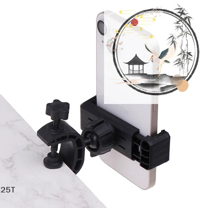 Black plastic phone holder with adjustable clamp and 360 degree rotating universal microphone supporting stand holding white smartphone