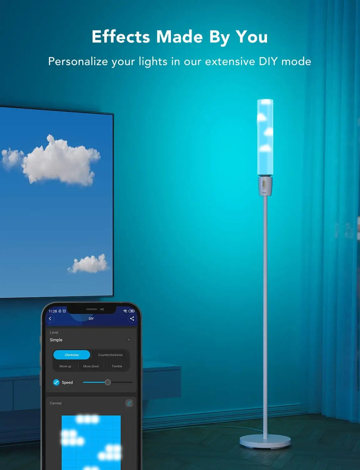 A sleek smart rgbic cylinder floor lamp with soft blue light, white base, app control, scenes music sync for living room