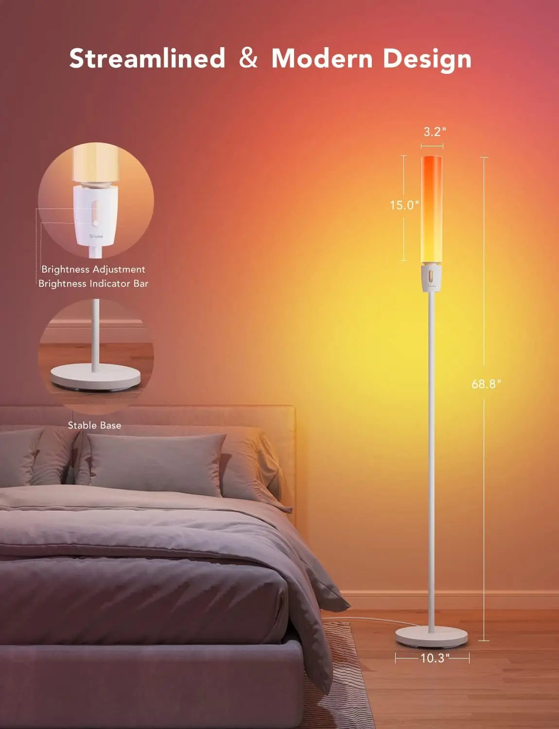 A sleek smart rgbic cylinder floor lamp with a tall white shade and app control for scenes music sync and 1500 lumens