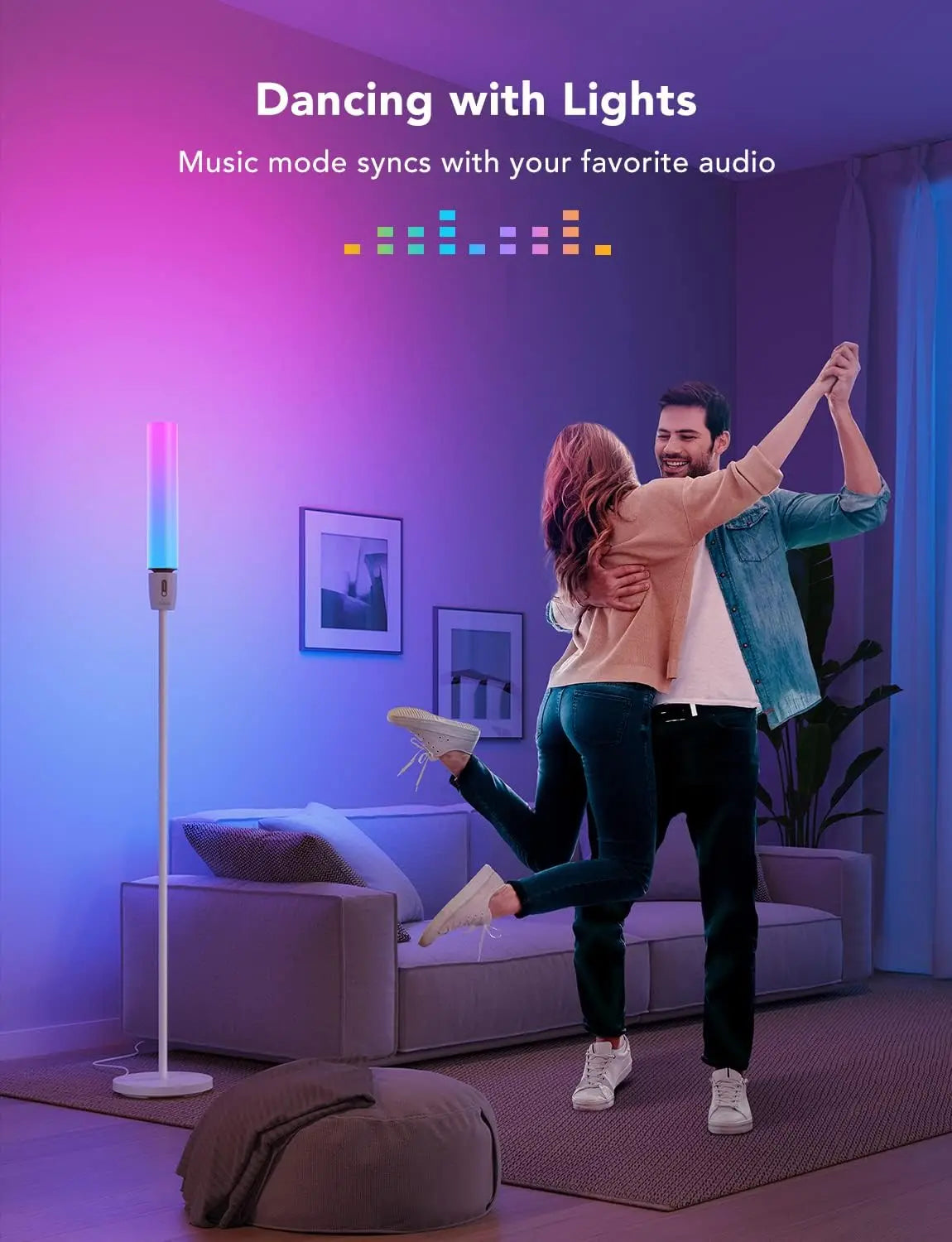A sleek smart rgbic cylinder floor lamp with slender white pole and app control emits vibrant purple and blue scenes music sync
