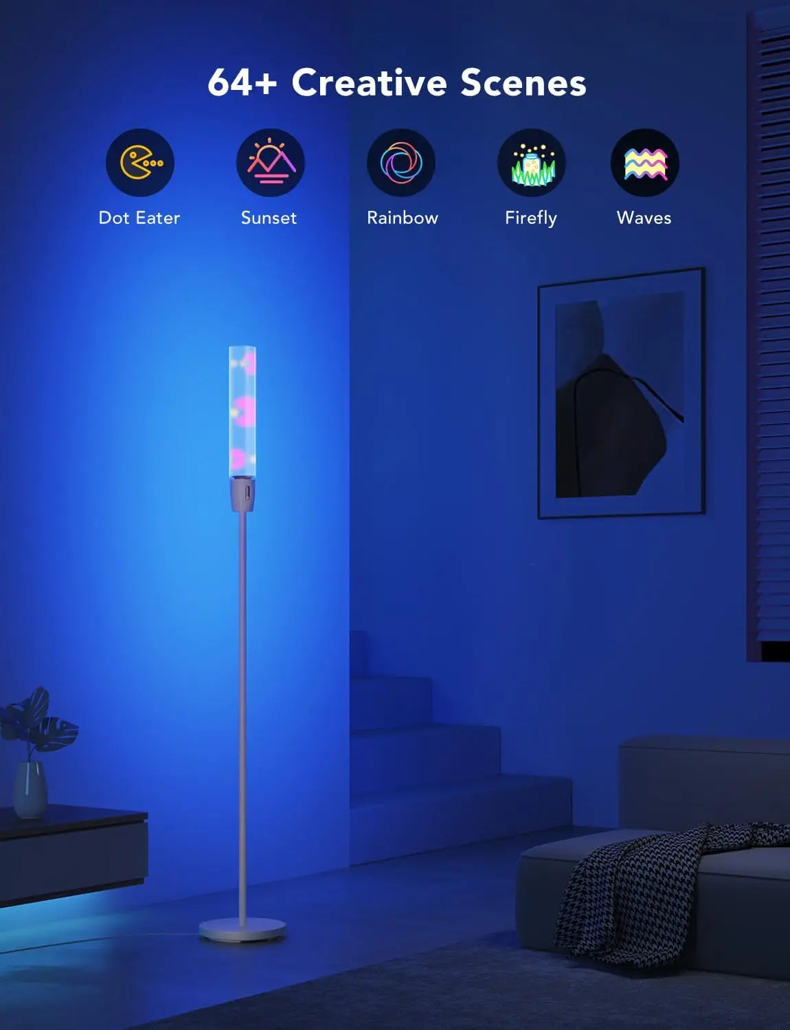 A sleek smart rgbic cylinder floor lamp with white stand and translucent panel featuring scenes music sync and app control