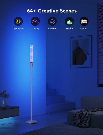 A sleek smart rgbic cylinder floor lamp with white stand and translucent panel featuring scenes music sync and app control