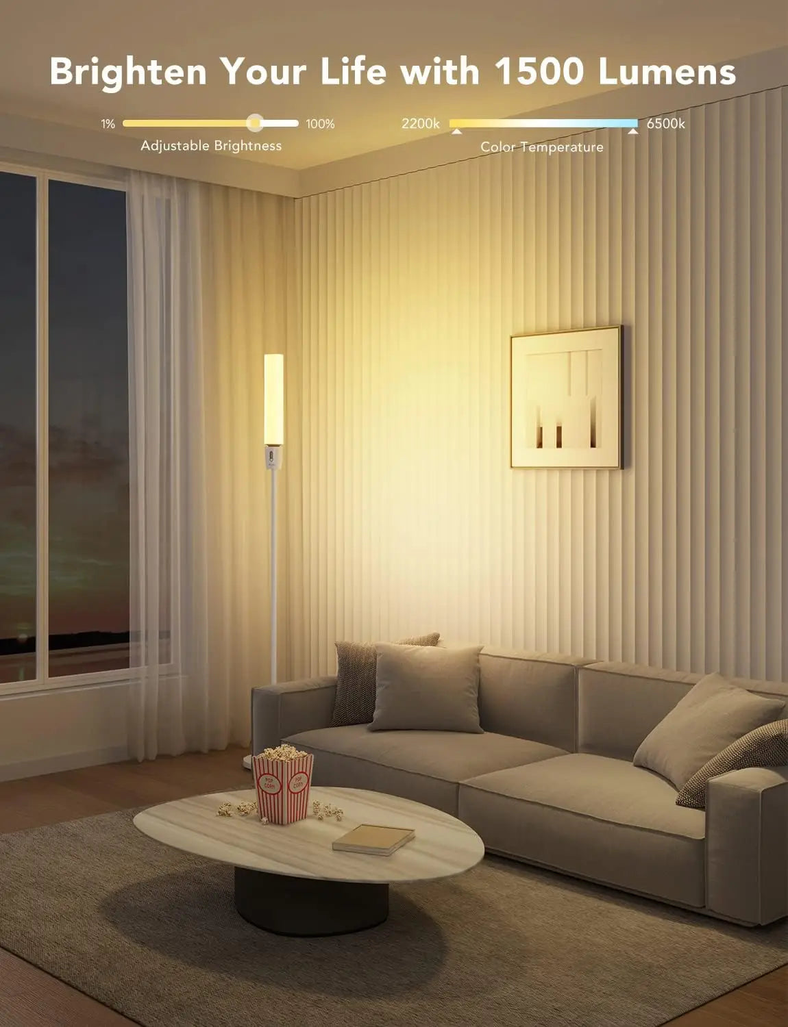 A sleek smart rgbic cylinder floor lamp with app control adjustable brightness and scenes music sync for living room
