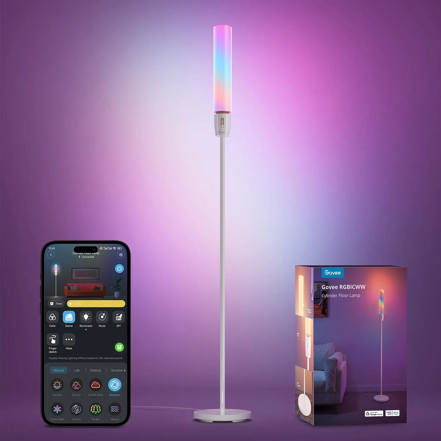 White cylindrical smart rgbic cylinder floor lamp with colorful diffuser scenes music sync and app control for living room