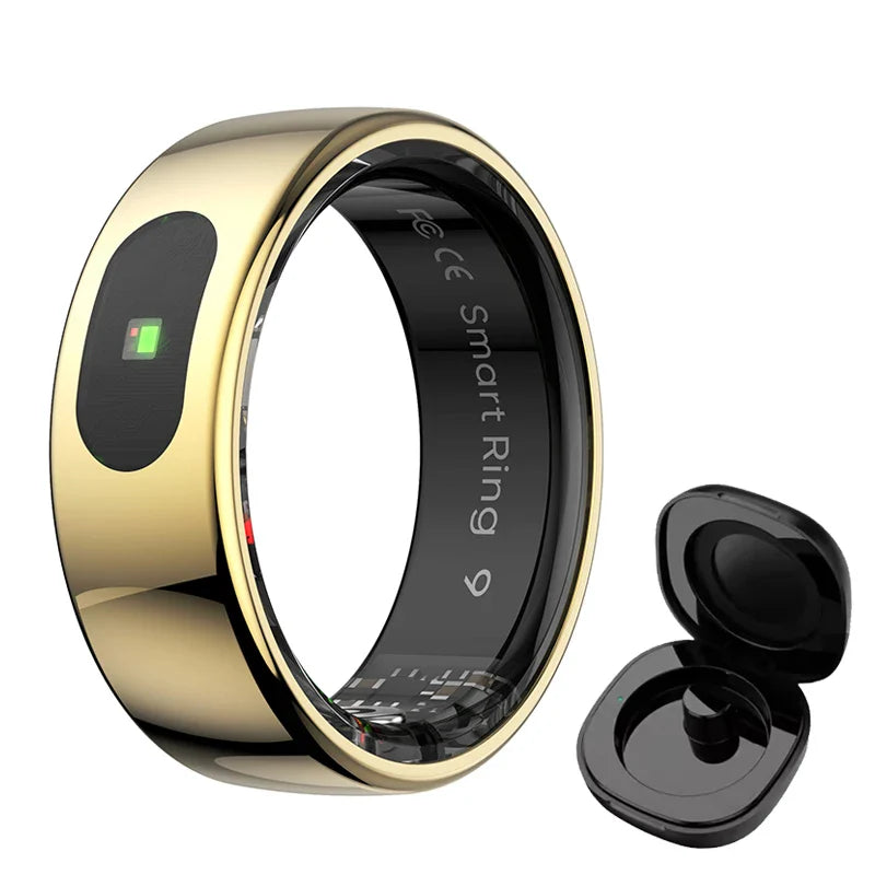 Gold-toned smart ring health tracker with black inner band and illuminated blood oxygen monitor with black charging case