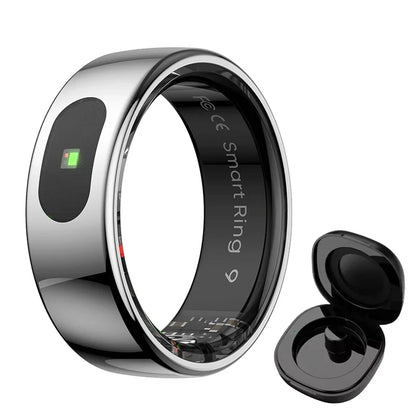 A sleek silver smart ring health tracker with black band and green led displaying blood oxygen monitor and sleep tracker heart