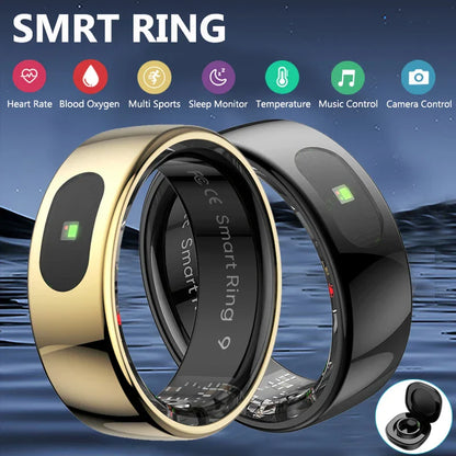 Gold and black smart ring health device with embedded blood oxygen monitor and sleep tracker heart features for wellness