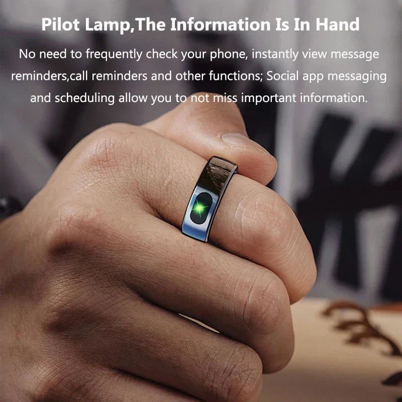 A sleek black smart ring health device with a glowing green display featuring blood oxygen monitor and sleep tracker heart functions