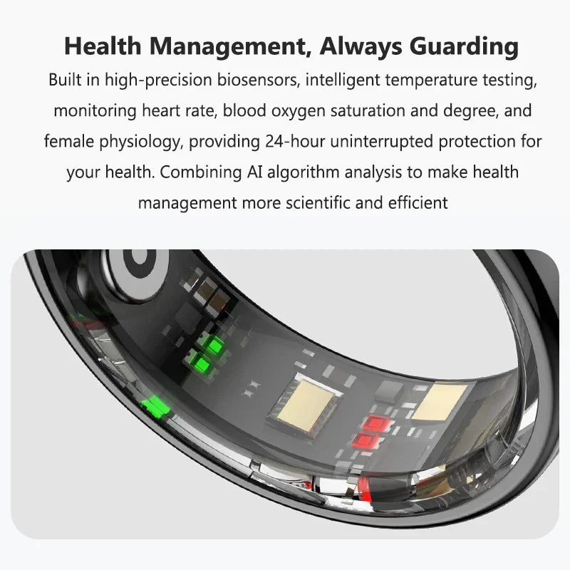 A sleek black smart ring health device with green and red biosensors for blood oxygen monitor and sleep tracker heart functions