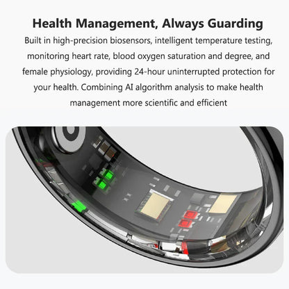 A sleek black smart ring health device with green and red biosensors for blood oxygen monitor and sleep tracker heart functions