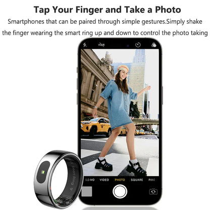 A sleek silver smart ring health tracker with a black inner band and green sensor for blood oxygen monitor and sleep tracking