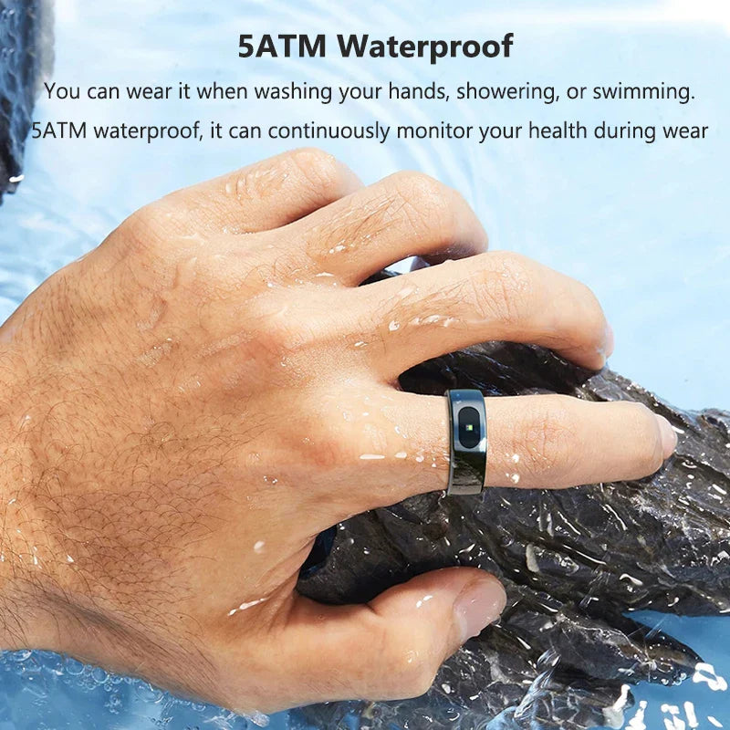 A sleek black smart ring health device with rectangular sensor panel featuring blood oxygen monitor and sleep tracker heart functions