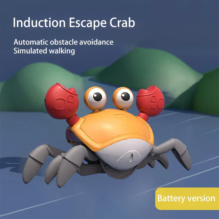 Smart sensing crab toy in orange and gray with red claws and large eyes serving as an educational crawling companion electric crab