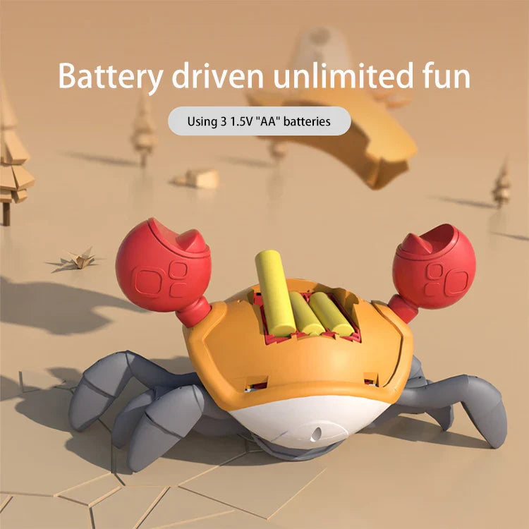 Smart sensing crab toy with orange and red body, gray legs, and yellow battery compartment for educational crawling companion