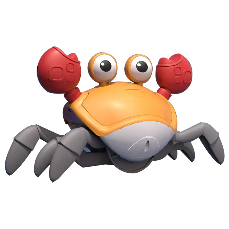 A bright red and orange smart sensing crab toy with gray legs serving as an educational crawling companion for babies