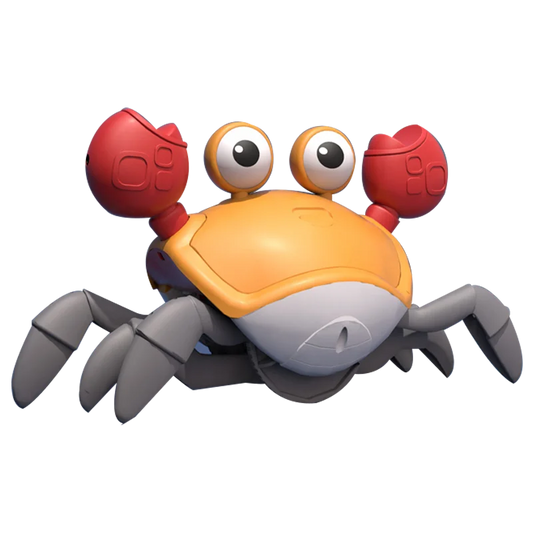 A cheerful smart sensing crab toy with bright red claws and gray legs serves as an educational crawling companion