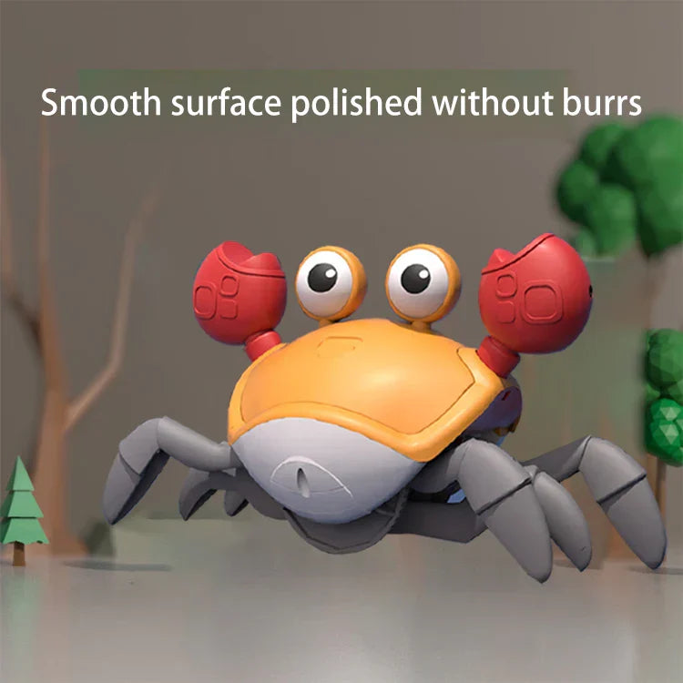 A charming orange and gray smart sensing crab toy with red pincers and large eyes, an educational crawling companion electric crab for babies 0-3