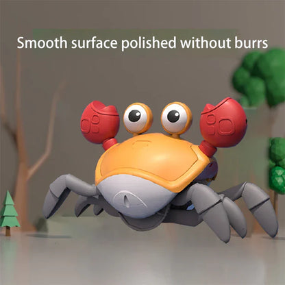 A charming orange and gray smart sensing crab toy with red pincers and large eyes, an educational crawling companion electric crab for babies 0-3