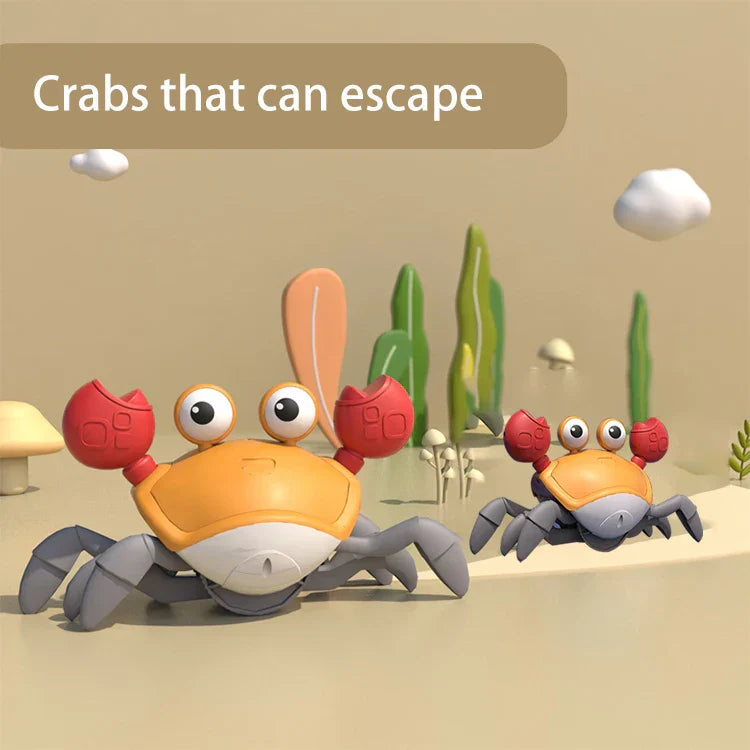 Orange and red plastic smart sensing crab toy with gray legs and large white eyes educational crawling companion