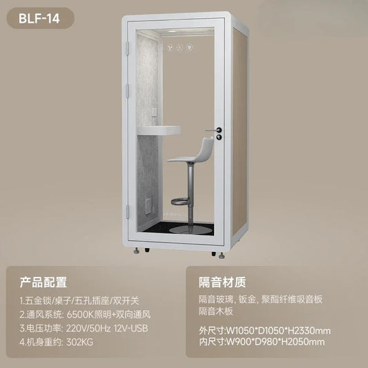 White-framed smart soundproofed room with glass door, integrated white countertop, and gray stool in mobile silent cabin booth recording studio