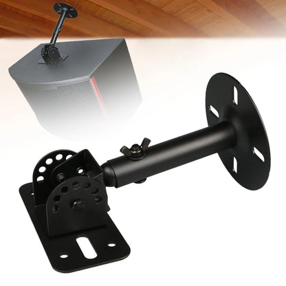 Black metal smart speaker stand with circular base and articulated arm detachable wall mounted speaker holder for office use