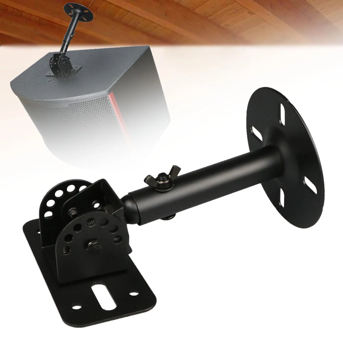 Black metal smart speaker stand with circular base and articulated arm detachable wall mounted speaker holder for office use