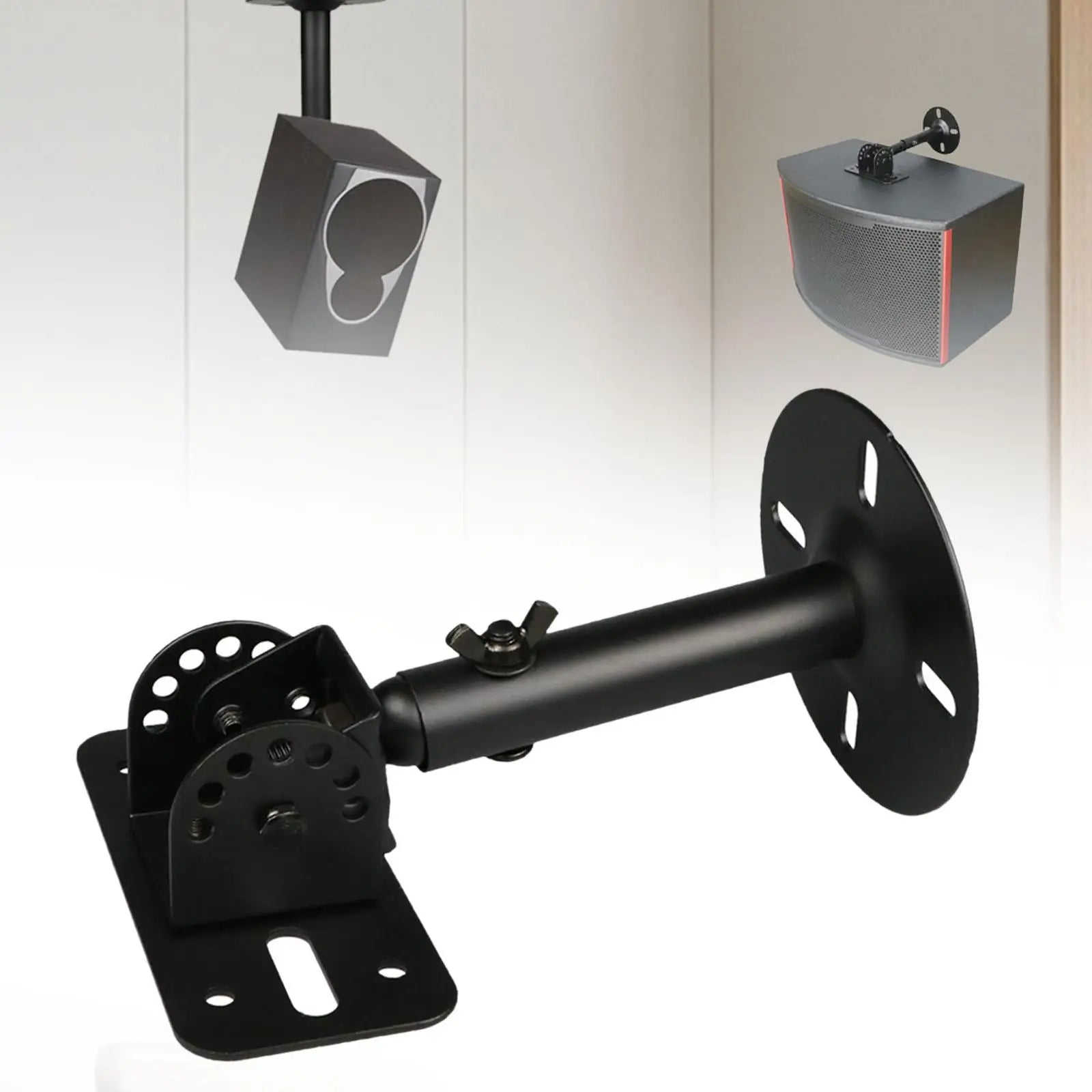 Black metal smart speaker stand with adjustable arm and mounting plate detachable wall mounted speaker holder for office use