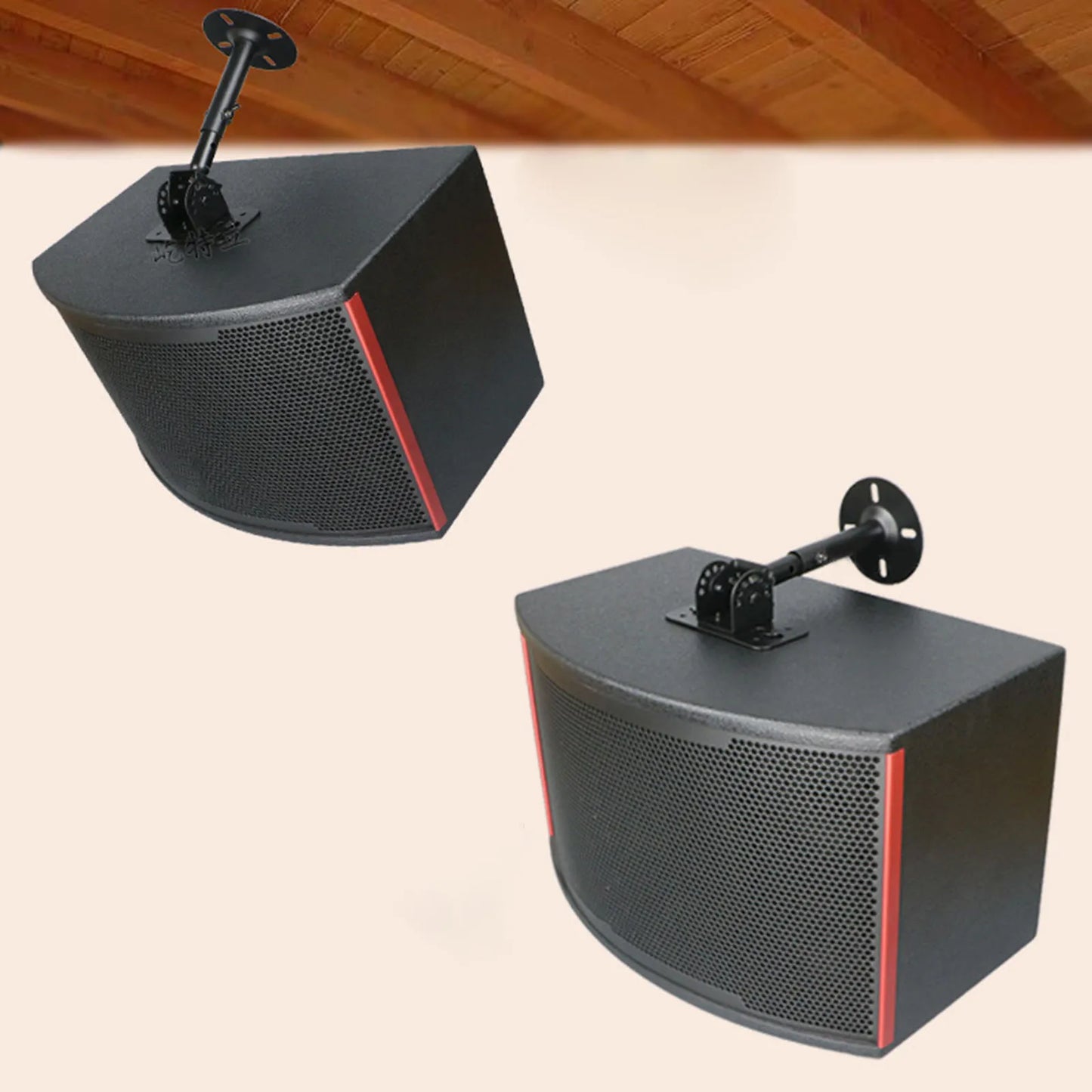 Black and red detachable wall mounted smart speaker stand with curved front grille for office or KTV use
